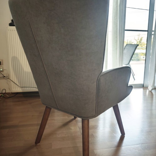 Armchair, stool and cushion set like new, beige fabric