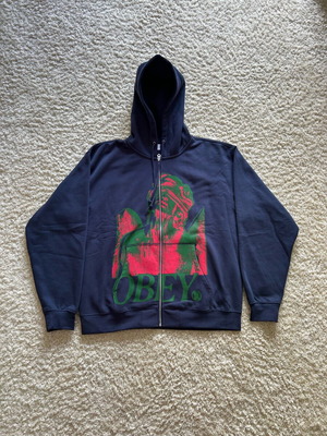 Obey Blindfold Zip Hoodie size L like new, premium cotton blue multicolor