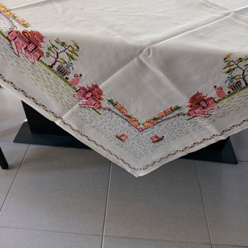 Handmade embroidered tablecloth white with multicolored flowers like new