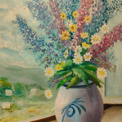 Oil painting on canvas used, flowers in window with wooden frame