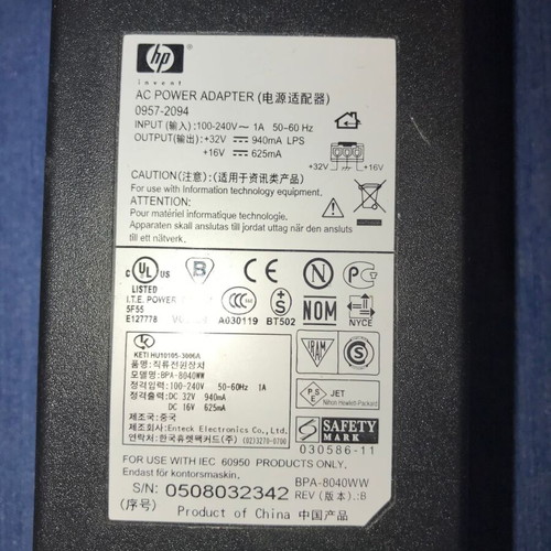 HP 0957-2094 AC Power Adapter used, 32V 940mA output