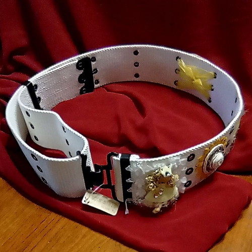 Wide adjustable white women's belt 105cm with handmade vintage decoration