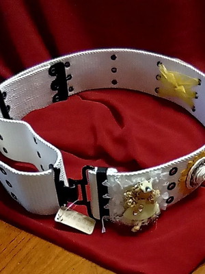 Wide adjustable white women's belt 105cm with handmade vintage decoration