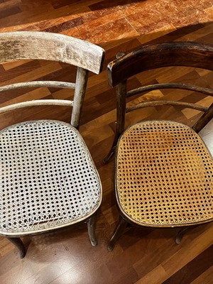 Two vintage cafe chairs used, one perfect condition, one needs repair