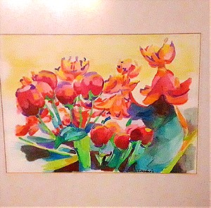 Πίνακας Ζωγραφικής λουλούδια ακουαρέλα σε κορνιζα
