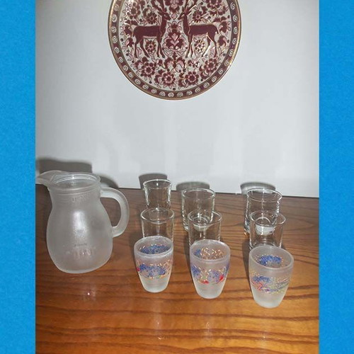 Small Ouzo Pitcher 0.25 L and Set of 9 Shot Glasses used