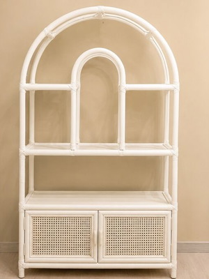 Boho ραφιέρα μεταχειρισμένη από bamboo και rattan με γυάλινα ράφια