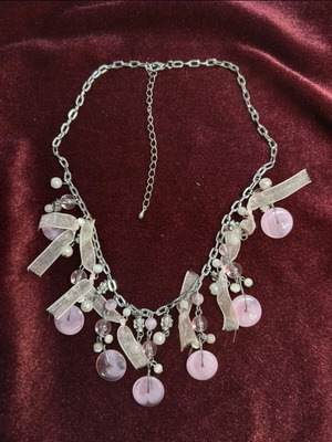 Necklace with pink beads and ribbons like new