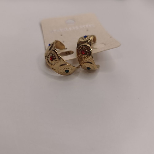 Wide stainless steel hoop earrings with embossed suns and colored crystals