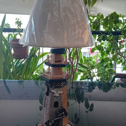 Wooden Table Lamp Lighthouse with Rechargeable USB Bulb and Color Control