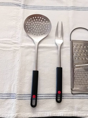 Stainless Steel Kitchen Utensil Set like new, fork, skimmer, grater
