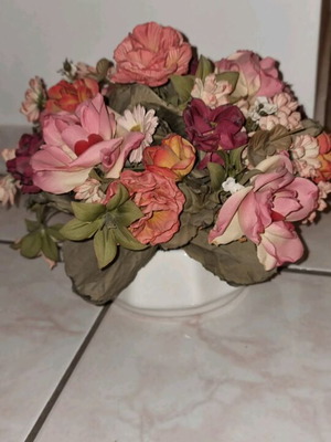 Decorative arrangement with artificial flowers in white ceramic vase like new