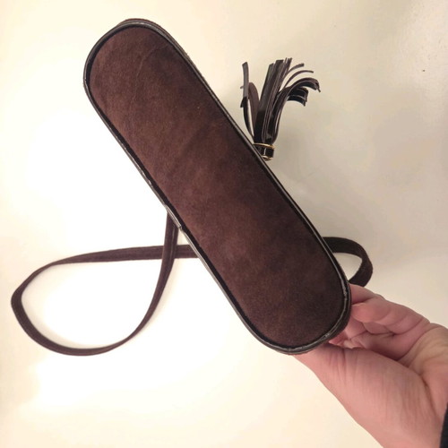 Structured Suede and Patent Leather Tassel Crossbody Bag used, burgundy