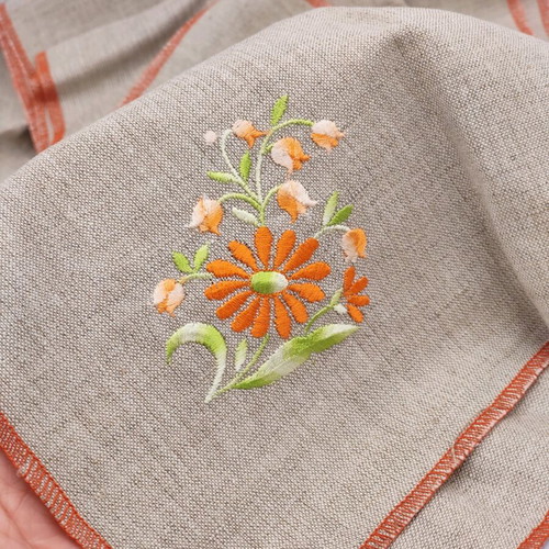 Table runner and six linen napkins set with decorative embroidery and orange trim new