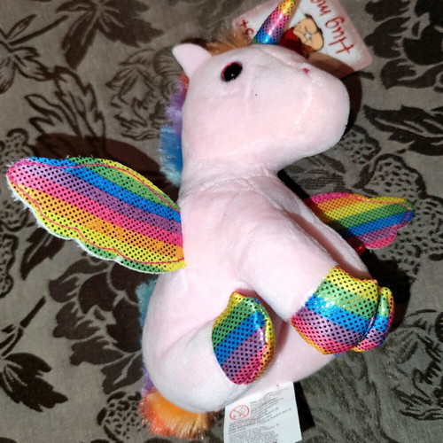 Plush unicorn sitting pink with colorful wings mane and tail new