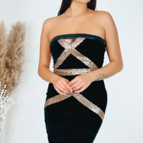 Black velvet mini dress like new with gold sequin details