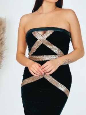 Black velvet mini dress like new with gold sequin details