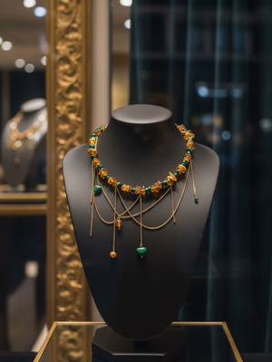 Choker with Baltic Amber and Natural Malachite Chains new
