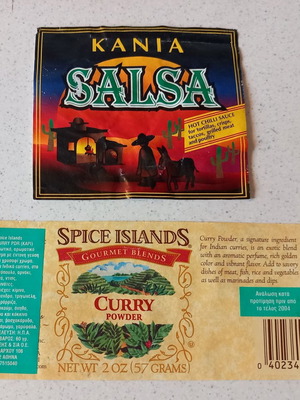 Ετικέτα ΚΑΝΙΑ Salsa Hot Chilli Sauce και Curry Powder μεταχειρισμένη