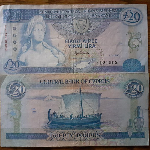 Cyprus 20 Lira 1993 banknote used, rare collectible