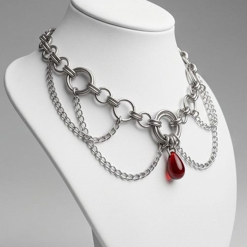 Choker with Red Tear Pendant and Stainless Steel Chains new