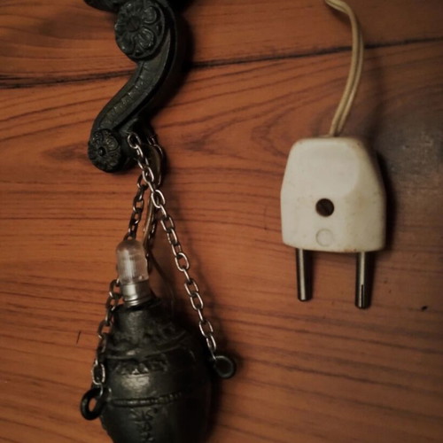 Vintage Hanging Oil Lamp used, brass with carved arm