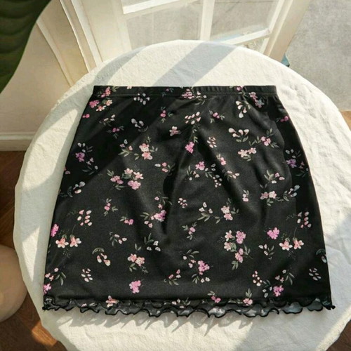 Floral mini skirt new, size Small EU 36, black and pink