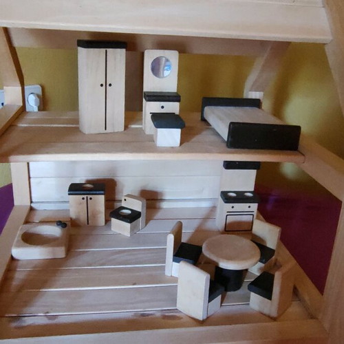 Wooden dollhouse early childhood Plan Toys with furniture and family
