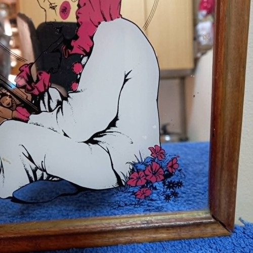 Wall mirror with Pierrot clown print in wooden frame, used 1980s