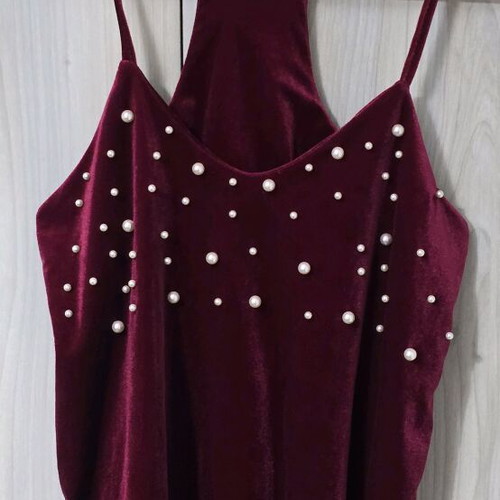 Velvet blouse with pearls new, red one size