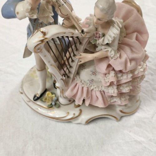 Vintage Dresden Potschappel porcelain figurine lady and man playing harp and violin like new
