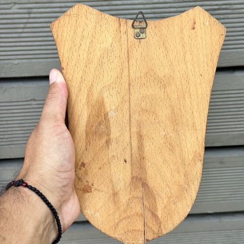 Nautical Religious Shield Panagia Vrefokratousa used, wooden base 23.5 cm