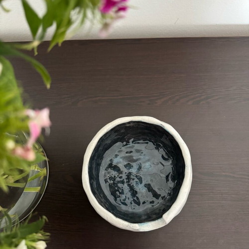 Handmade ceramic noodle bowl in dark blue and cream, new