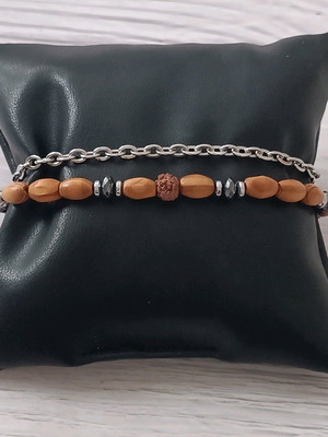 Rudraksha men's bracelets with wooden beads, hematite and steel chain