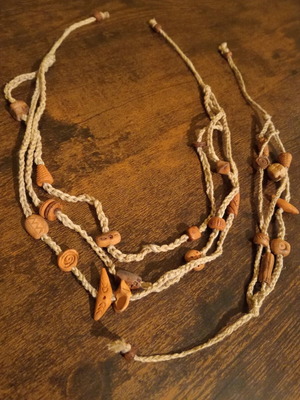 Handmade jewelry set with clay charms and natural cords, new