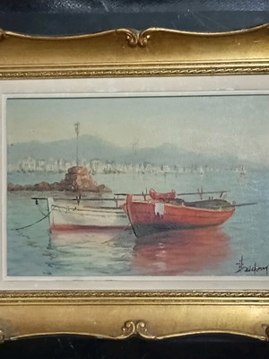 Πίνακας ελαιογραφία σε ξύλο μεταχειρισμένος με θέμα βάρκες του Alex Brickman