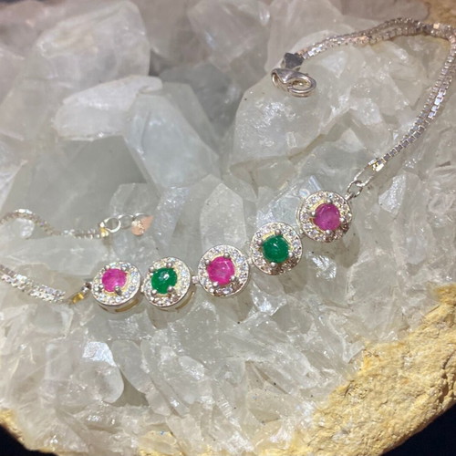 Handmade silver bracelet with natural emerald, ruby and moissanite, new