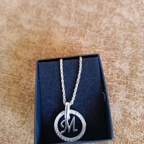 Silver-plated necklace with initial M and Avon rhinestones new, silver