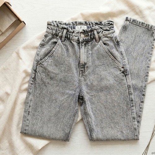 Pink Woman Grey Acid-Wash Jeans Paperbag Style Like New
