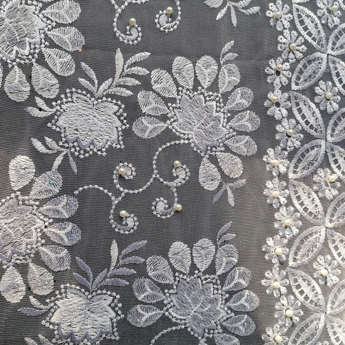 White guipure fabric 130/455 cm new with pearls and border