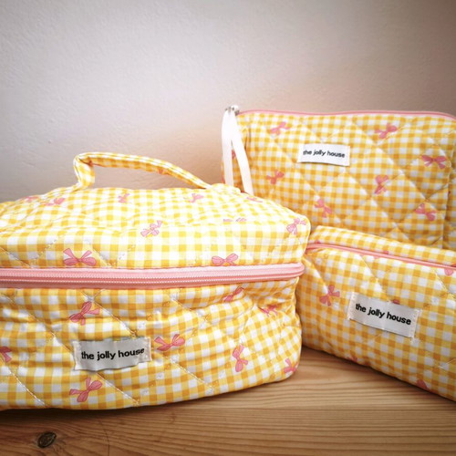 Set of 3 Quilted Makeup Bags Yellow Plaid with Pink Bows