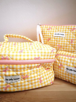 Set of 3 Quilted Makeup Bags Yellow Plaid with Pink Bows