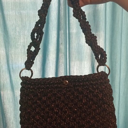 Handmade knitted shoulder bag new, brown with gold lurex