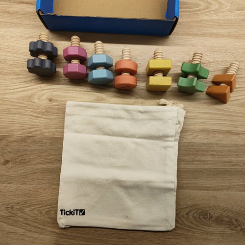 Wooden Montessori Rainbow Nuts & Bolts set of 7 used with linen pouch