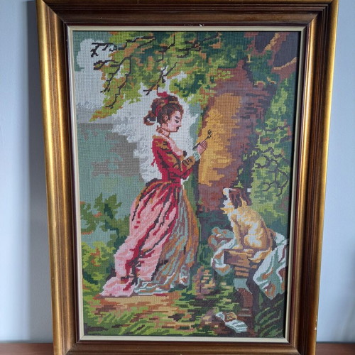 Textile painting with handmade embroidery like new, framed 82x61cm