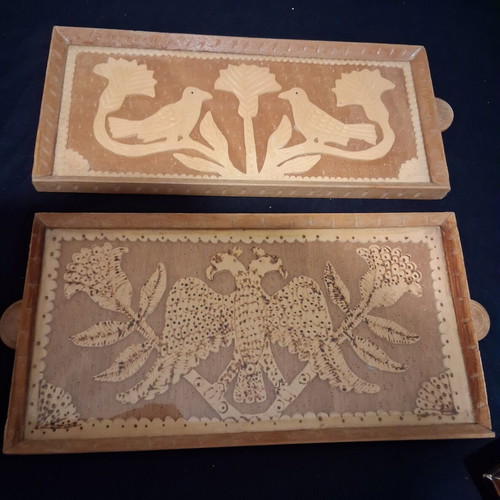 Woodcarved serving trays with glass, like new, set of 2