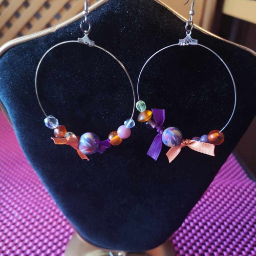 Round earrings new, handmade, purple and orange