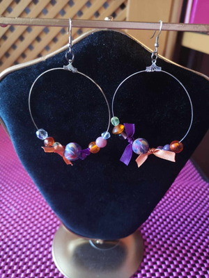 Round earrings new, handmade, purple and orange