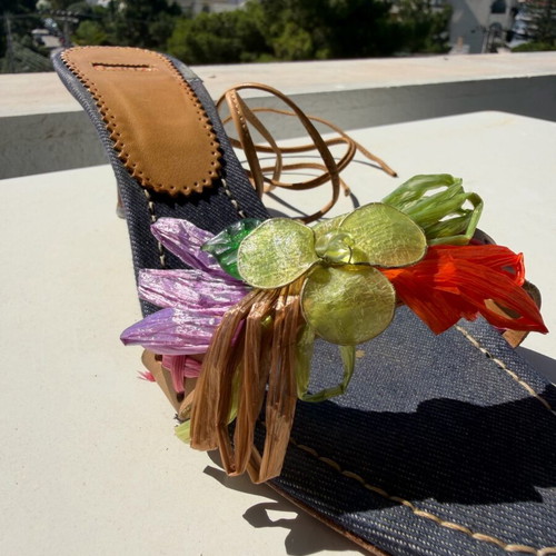 Le Silla Project Vintage Denim Raffia Flower Lace-Up Heels Size 38 like new