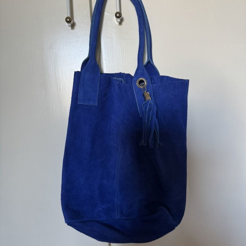 Blue Suede Shoulder Bag with Wallet and Tassels like new, made in Italy
